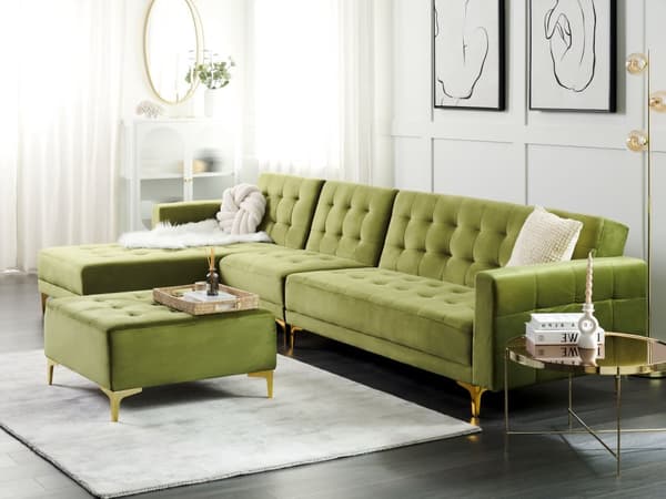 Hörnsoffa Bädd Grön Sammet Tuftad Tyg Modern L-formad Modulär 5 Sits med Ottoman Höger Hand Schäslong