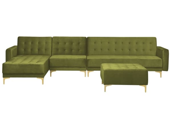 Hörnsoffa Bädd Grön Sammet Tuftad Tyg Modern L-formad Modulär 5 Sits med Ottoman Höger Hand Schäslong