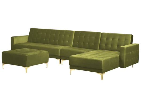 Hörnsoffa Bädd Grön sammet Tuftad Tyg Modern L-formad Modulär 5 Sits med Ottoman Vänster Hand Schäslong