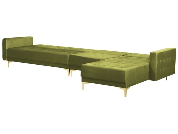Hörnsoffa Bädd Grön sammet Tuftad Tyg Modern L-formad Modulär 5 Sits med Ottoman Vänster Hand Schäslong