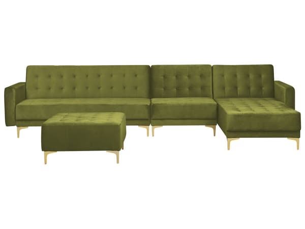 Hörnsoffa Bädd Grön sammet Tuftad Tyg Modern L-formad Modulär 5 Sits med Ottoman Vänster Hand Schäslong