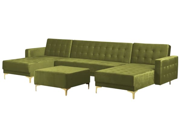 Hörnsoffa Bädd Grön sammet Tuftat tyg Modern U-formad Modulär 5-sits med Ottoman Schäslong