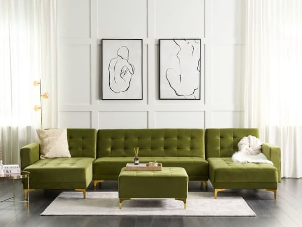 Hörnsoffa Bädd Grön sammet Tuftat tyg Modern U-formad Modulär 5-sits med Ottoman Schäslong