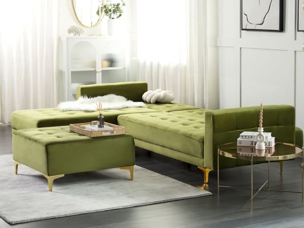 Hörnsoffa Bädd Grön Sammet Tuftad Tyg Modern L-formad Modulär 4 Sits Höger Hand Schäslong