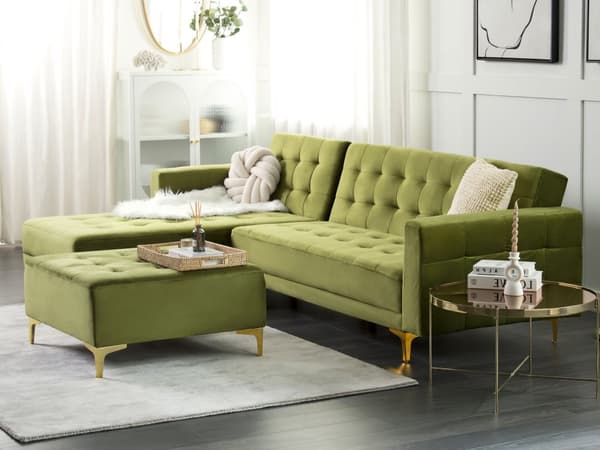 Hörnsoffa Bädd Grön Sammet Tuftad Tyg Modern L-formad Modulär 4 Sits Höger Hand Schäslong