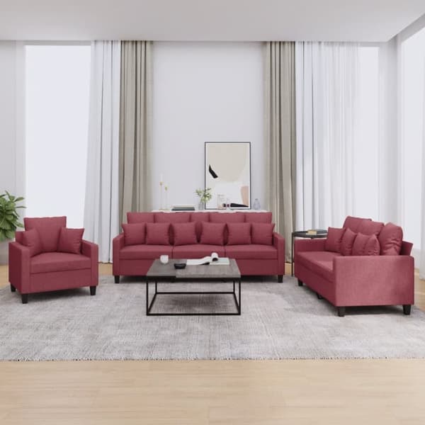 vidaXL sofasæt 3 dele med puder stof vinrød
