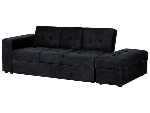 Seksjonssovesofa svart Oppbevaring Fotskammel Uttrekksskuffer Brett Koppholder