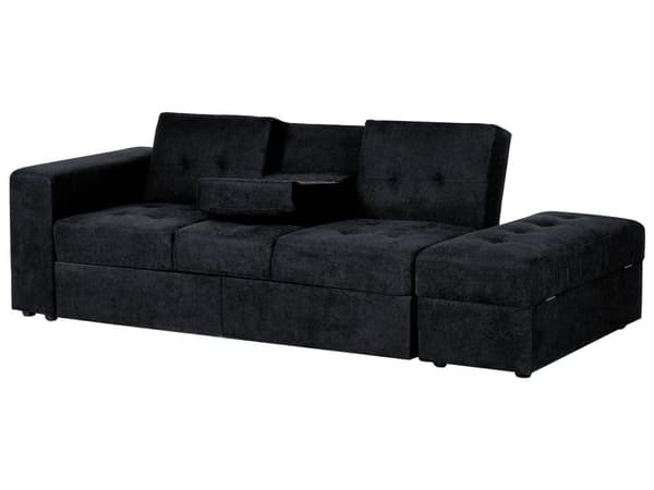 Seksjonssovesofa svart Oppbevaring Fotskammel Uttrekksskuffer Brett Koppholder