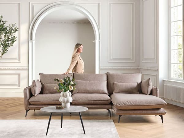 Hjørnesofa Lysebrun Stoff Imitert skinn Metallben Venstrevendt 3-seters Sofa Moderne