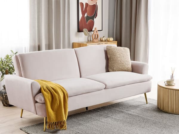Sovesofa Beige fløyelstrekk 3-seters Click Clack Sovefunksjon Gyllene metallbein