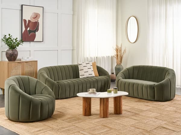 3-seters sofa i mørkegrønn fløyel med moderne retrodesign Tuftede seter Lav rygg