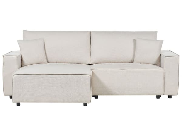 Kulmavuodesohva vaalea beige kangasverhoilu kolmelle L-muoto oikea vuodetoiminto säilytystilalla moderni