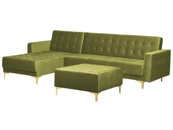 Hjørnesofa med Chaiselong Grøn Velour 4 Personers Sovesofa Open End Moderne Fodskammel Tuftet Sofa med Sovefunktion til Stue Indretning