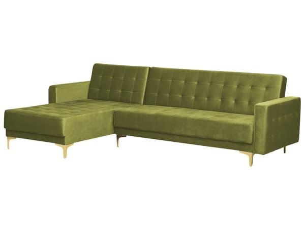Hjørnesofa Chaiselong Grøn Velour Guldben 4 personers L-formet Moderne Tuftet Klik Klak modul Sovefunktion