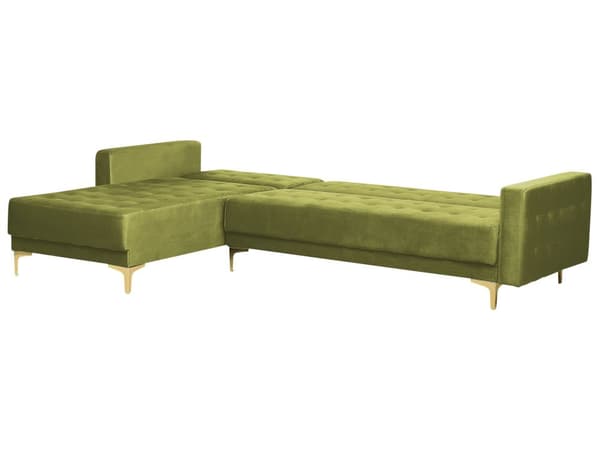 Hjørnesofa Chaiselong Grøn Velour Guldben 4 personers L-formet Moderne Tuftet Klik Klak modul Sovefunktion