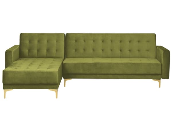 Hjørnesofa Chaiselong Grøn Velour Guldben 4 personers L-formet Moderne Tuftet Klik Klak modul Sovefunktion