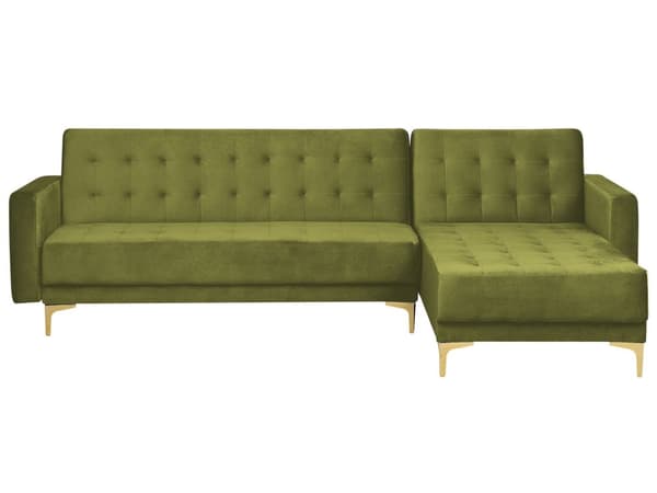 Hjørnesofa med Chaiselong Grøn Velour 4 Personers Sovesofa Open End Moderne Fodskammel Tuftet Sofa med Sovefunktion til Stue Indretning