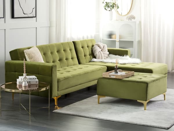 Hjørnesofa med Chaiselong Grøn Velour 4 Personers Sovesofa Open End Moderne Fodskammel Tuftet Sofa med Sovefunktion til Stue Indretning
