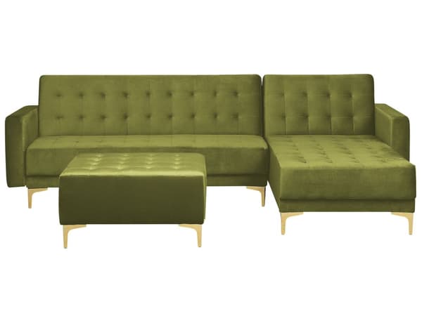 Hjørnesofa med Chaiselong Grøn Velour 4 Personers Sovesofa Open End Moderne Fodskammel Tuftet Sofa med Sovefunktion til Stue Indretning