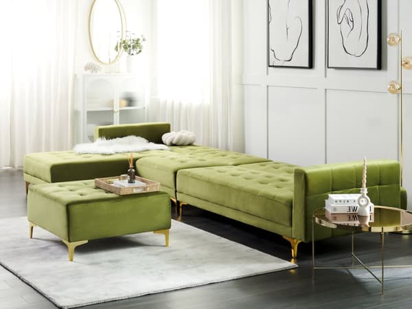 Modulsofa Grøn Velour 5 Personers Hjørnesofa med Chaiselong Designer Blød Klassisk Sofa med Fodskammel Moderne Stue Indretning Høj Kvalitet