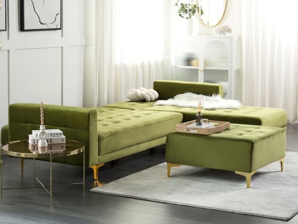 Hjørnesofa Chaiselong Grøn Velour Guldben 4 personers L-formet Moderne Tuftet Klik Klak modul Sovefunktion