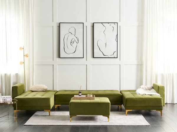 U Sofa med Dobbelt Chaiselong Grøn Velour 5 Personers Sovesofa Open End Moderne Tuftet Sofa med Fodskammel Sovefunktion til Stue Indretning