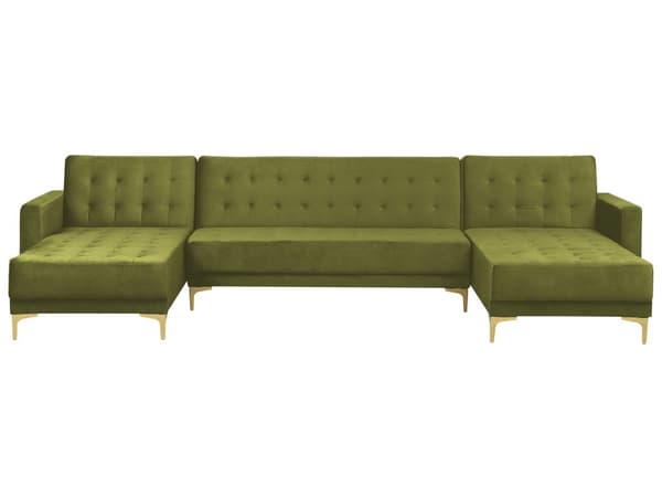 U Sofa med Dobbelt Chaiselong Grøn Velour 5 Personers Sovesofa Open End Moderne Tuftet Sofa med Fodskammel Sovefunktion til Stue Indretning