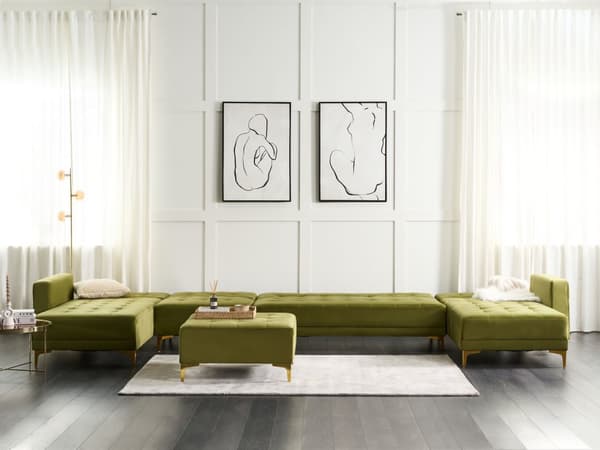 U Sofa med Dobbelt Chaiselong Grøn Velour 6 Personers Sovesofa Open End Moderne Tuftet Modulsofa Sovefunktion til Stue Indretning