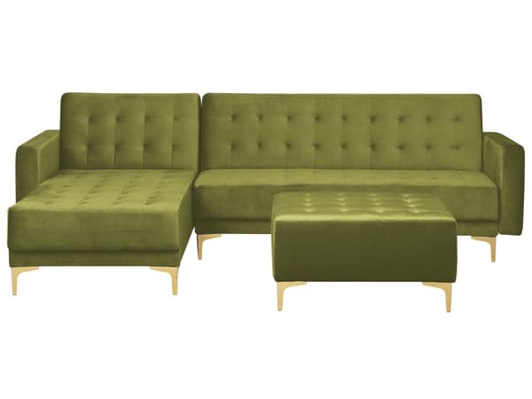 Hjørnesofa Grønn Fløyel Tuftet stoff Moderne L-formet Modulær 4-seter med fotskammel Høyrevendt sjeselong