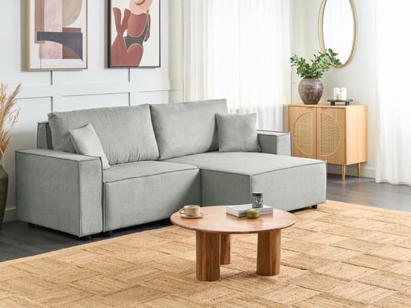 Vänster hörn Bäddsoffa Grå tyg Polyester Klädd 3-sits L-formad säng med kuddar Sovfunktion Modern stil Vardagsrum