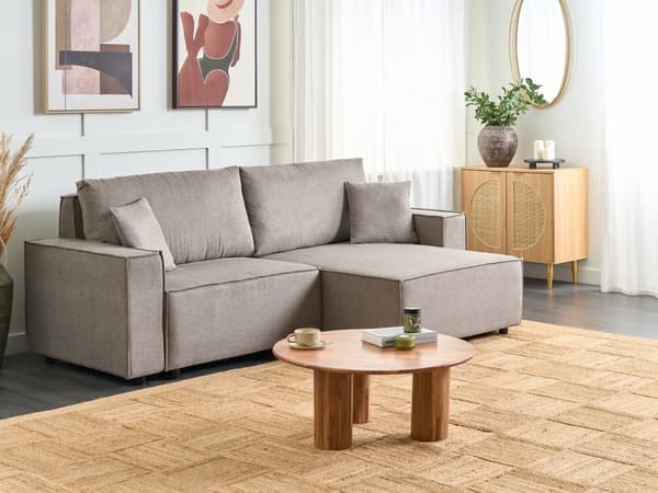 Vänster hörn Bäddsoffa Taupe tyg Polyester Klädd 3-sits L-formad säng med kuddar Sovfunktion Modern stil Vardagsrum