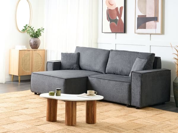 Höger hörn Bäddsoffa Mörkgrå tyg Polyester Klädd 3-sits L-formad säng med kuddar Sovfunktion Modern stil Vardagsrum
