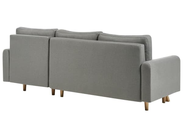 Venstre hjørnesofa i grått stoff med sovesofa med uttrekkbar polstret rygg Treben