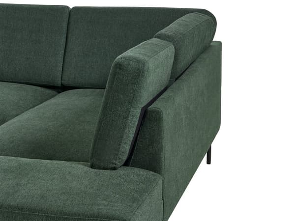 Kulmasohva tummanvihreä neljälle kangasverhoilu mustat rautajalat vasen moderni