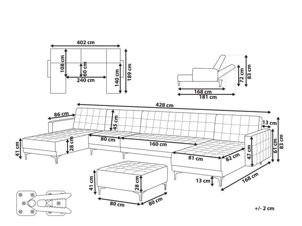Grøn velourmodulær 6-personers sovesofa med ottoman moderne quiltet grøn stuesofa med chaiselonger