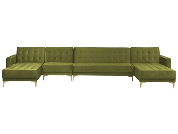Grøn velourmodulær 6-personers sovesofa med ottoman moderne quiltet grøn stuesofa med chaiselonger