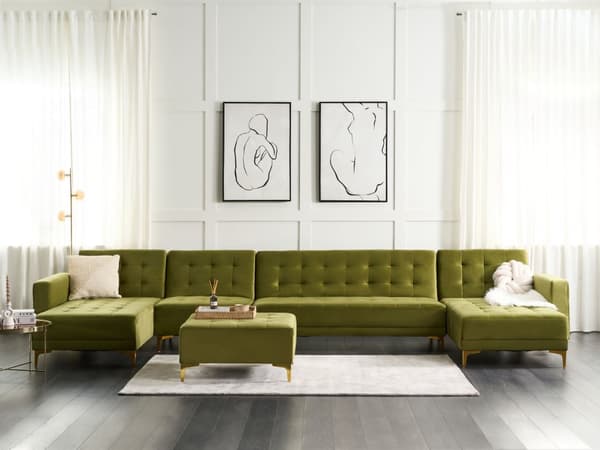 Grøn velourmodulær 6-personers sovesofa med ottoman moderne quiltet grøn stuesofa med chaiselonger