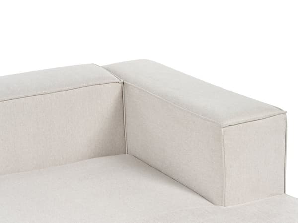 Kulmasohva vaalea beige kolmelle kangasverhoilu muovijalat vasen minimalistinen skandinaavinen