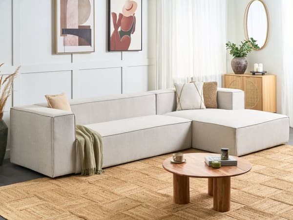 Kulmasohva vaalea beige kolmelle kangasverhoilu muovijalat vasen minimalistinen skandinaavinen