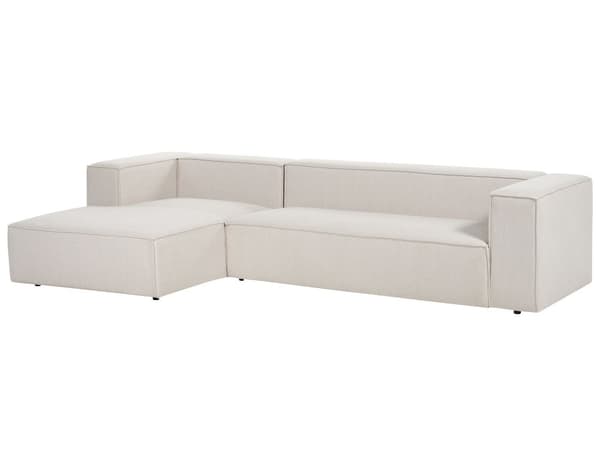 Kulmasohva vaalea beige kolmelle kangasverhoilu muovijalat oikea minimalistinen skandinaavinen