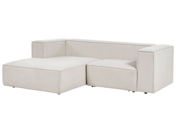 Kulmasohva vaalea beige kahdelle kangasverhoilu muovijalat oikea minimalistinen skandinaavinen