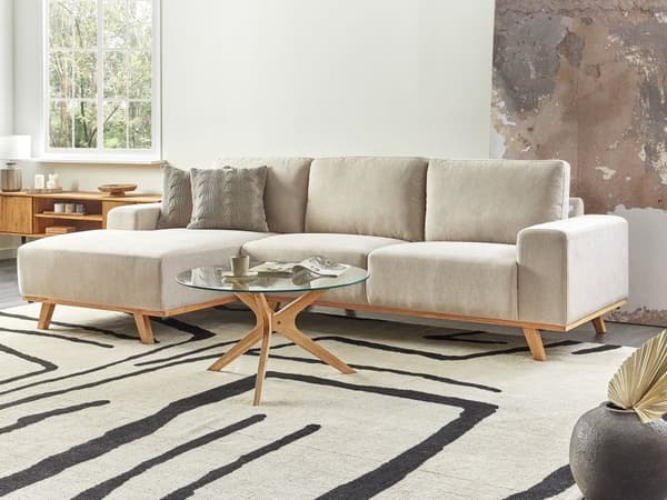 Hjørnesofa med Chaiselong Beige Velour 3 Personers Sofa L Formet Dyb Sofahjørne Siddemøbel Blød Stofsofa Højrevendt