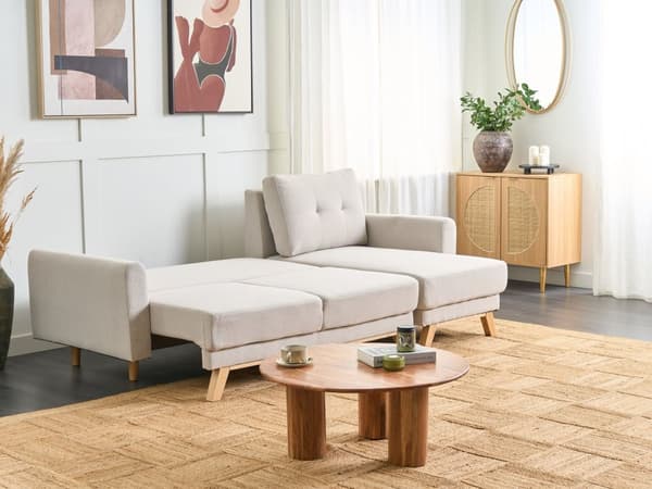 Hjørnesofa med Chaiselong Beige Stof 3 Personers Sofa L Formet Dyb Sofahjørne Siddemøbel Blød Stofsofa Venstrevendt