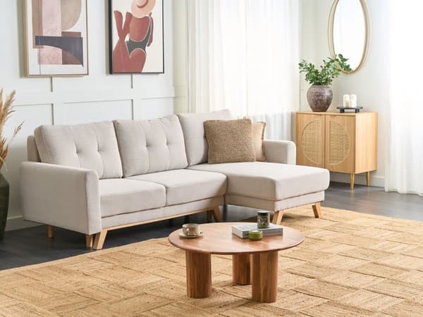 Hjørnesofa med Chaiselong Beige Stof 3 Personers Sofa L Formet Dyb Sofahjørne Siddemøbel Blød Stofsofa Venstrevendt