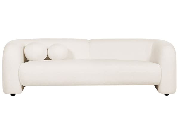 3-personers hvid boucle-sofa i glam retro-stil med lammeskind og ekstra puder