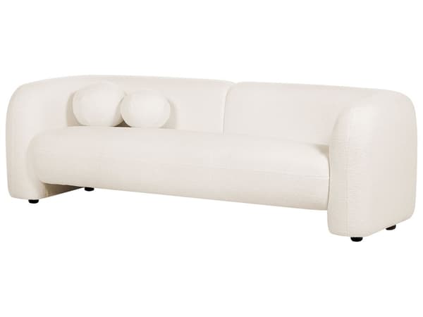 3-personers hvid boucle-sofa i glam retro-stil med lammeskind og ekstra puder