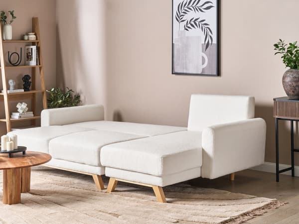 Hjørnesofa med Chaiselong Hvid Boucle 3 Personers Sofa L Formet Dyb Sofahjørne Siddemøbel Blød Stofsofa Venstrevendt