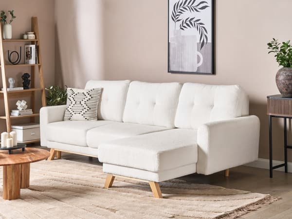 Hjørnesofa med Chaiselong Hvid Boucle 3 Personers Sofa L Formet Dyb Sofahjørne Siddemøbel Blød Stofsofa Venstrevendt