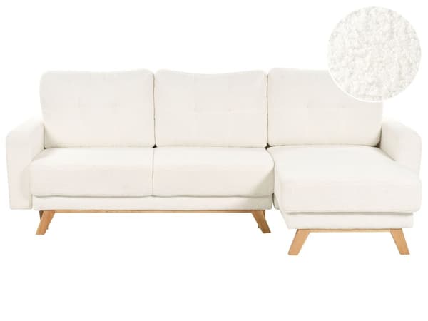 Hjørnesofa med Chaiselong Hvid Boucle 3 Personers Sofa L Formet Dyb Sofahjørne Siddemøbel Blød Stofsofa Venstrevendt