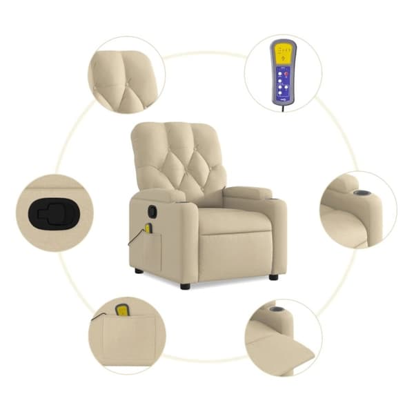 vidaXL Massagefåtölj gräddvit tyg